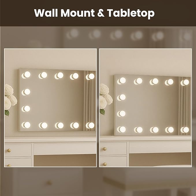 WTTY LED Bathroom Mirror with Lights 40"x24" Hollywood Wall-Mounted Mirror with 3 Color Temperatures, Stepless Dimmable Bulbs, Anti-Fog & Shatter-Proof