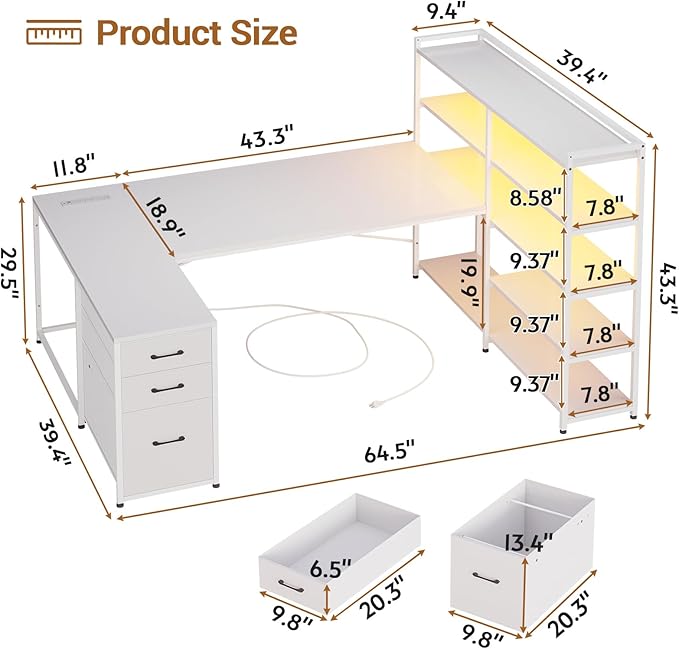 SEDETA White Computer Desk with Drawers, 64.5" Reversible Office Desk with Fabric File Drawer, Corner Computer Desk with Power Outlet & LED Strip and Storage Bookshelf