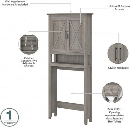 Bush Furniture Key West 32W Bathroom Vanity Sink with Mirror and Over The Toilet Storage Cabinet in Driftwood Gray