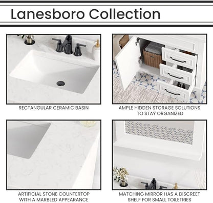 Hanover 31 Set Includes w, White Lanesboro 31'' Vanity Sink Combo for Bathroom, Powder Room | Pre-Assembled 1 Door, 3 Drawers | Accent Mirror | Artificial Stone Countertop, Cabinet, 31 inches