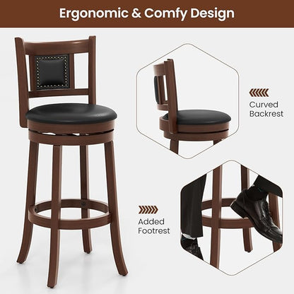 COSTWAY Bar Stools Set of 4, 30.5” Swivel Upholstered Bar Height Bar Stool w/Curved Backrest & Cushioned Seat, Solid Rubber Wood Legs & Resting Footrest, Bar Chairs for Kitchen Island (4, 30.5”)