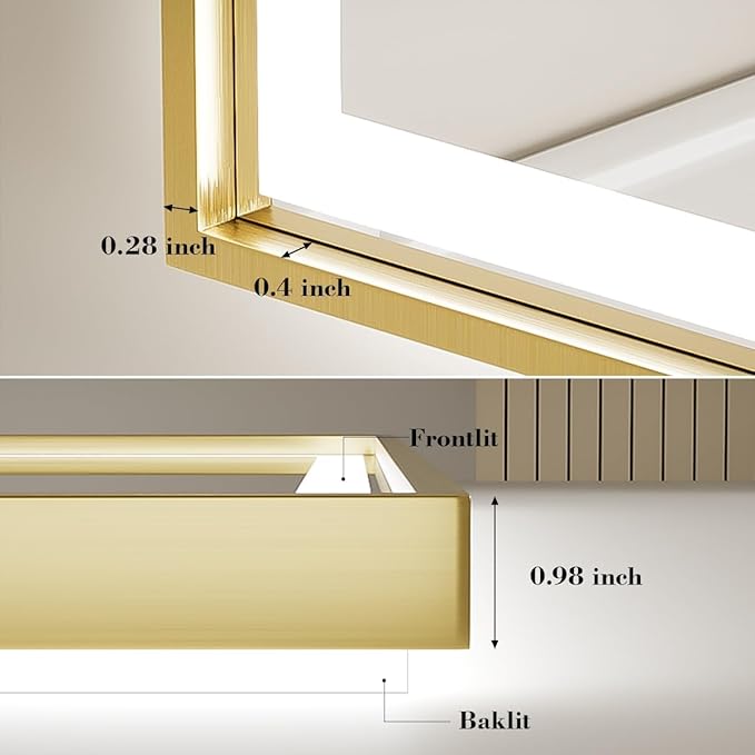 24x32 Inch LED Bathroom Mirror with Lights, Frontlit & Backlit Gold Metal Frame Mirror, Wall Mounted Lighted Vanity Mirrors for Wall, Double Lights Strips,Anti Fog Stepless Dimmable 3000K-6000K
