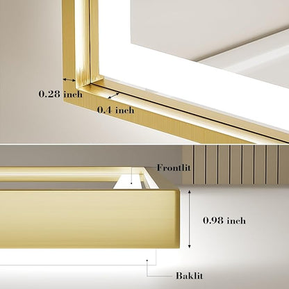 24x32 Inch LED Bathroom Mirror with Lights, Frontlit & Backlit Gold Metal Frame Mirror, Wall Mounted Lighted Vanity Mirrors for Wall, Double Lights Strips,Anti Fog Stepless Dimmable 3000K-6000K