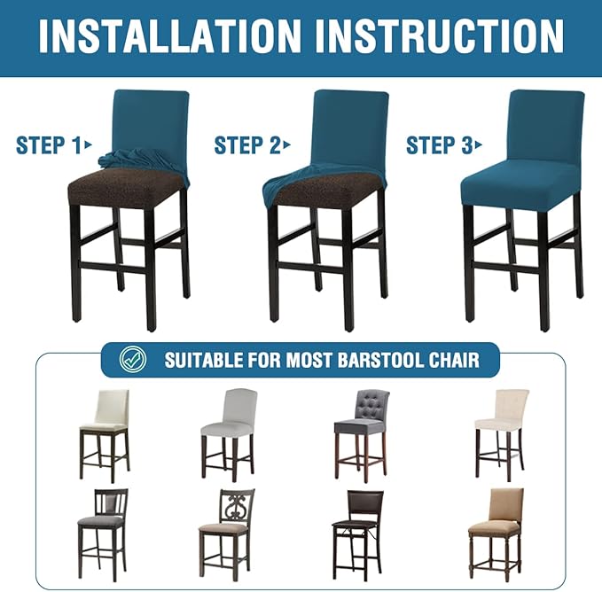 H.VERSAILTEX 100% Waterproof Bar Stool Cover Stretch Counter Stool Pub Chair Slipcover for Dining Room Removable Soft Thick Solid Fleece Fabric Bar Stool Slipcovers Set of 4, Peacock Blue