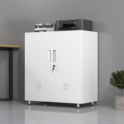 Metal Storage Cabinet with Locking Doors and Adjustable Shelf, Small Lockable Sideboard Buffet Cabinet for Home Office Hallway Entryway Living Dining Room (White)