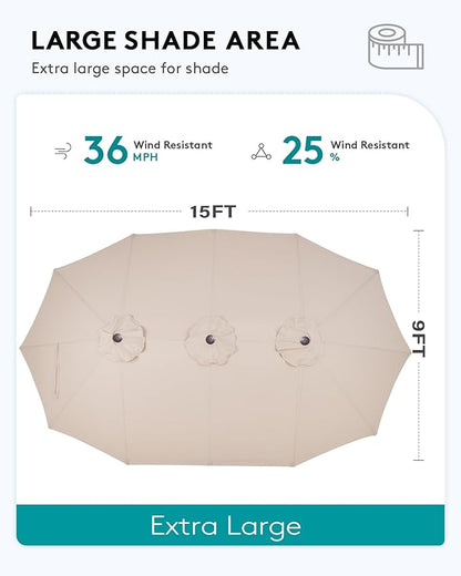 SERWALL HDPE Patio Furniture Set with 15FT Double Side Patio Umbrella, Outdoor Sofa Set, Seats 4, Modular Sectional Couch for Patio, Garden, Backyard, Black Frame with Grey Cushion