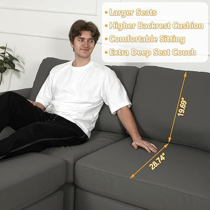 EASE MOOSE Leather Sectional Couch, Oversized Modular Sectional Sofas, Wide Deep Seat Modular Couch, Scratch Resistant Faux Leather Material, L Shaped Sofa for Big Spaces, Grey