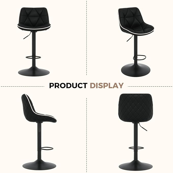 Nalupatio Bar Stools Set of 2, Adjustable Swivel Counter Height Bar Stools with Back, Armless Modern Barstools for Kitchen Island & Home Bar, Upholstered Seat,（Black）