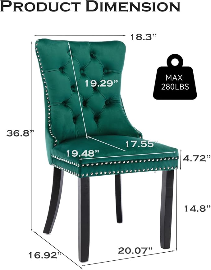 Velvet Upholstered Dining Chairs Set of 8, Modern Style Kitchen Side Chairs with Nailhead Trim and Wood Legs,Metal Pulling Ring for Dining Room Living Room(Green)
