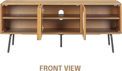 NTC Mossic TV Media Cabinet with 3 Doors for TVs, Entertainment Center with Natural Rattan, Metal Legs, Modern Storage Console for Living Room and Bedroom, Effortless Assembly, Teak Look