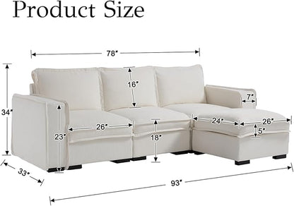 EALSON 93" Modular Sectional Sofa Comfy Cloud Couch with Ottoman Modern Convertible L Shape Couches with Wooden Legs Linen Deep Seat Couch 4-Seater Sofa for Living Room/Apartment, White