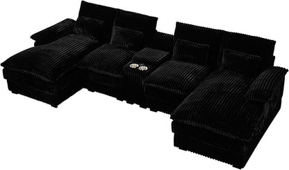 HYJT-H&K 124" U Shaped Cloud Couch Sectional, Comfy Fluffy Plush Corduroy Dark Black Sectional Couches for Living Room, Modern Modular Corduroy Couch Sectionals with Central Console & Double Chaise