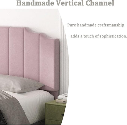Queen Size Headboard Only, Velvet Wall Mounted Headboard Queen/Full Size for Adjustable Bed, Modern Vertical Channel Design with Curved Tufted Upholstered Head Board, Pink