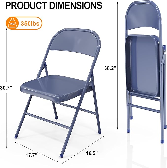 VINGLI Folding Chairs All Steel Metal Frame, Capacity 350 lbs, Durable Portable and Versatile for Indoor Outdoor Use, Darkblue, Set of 4