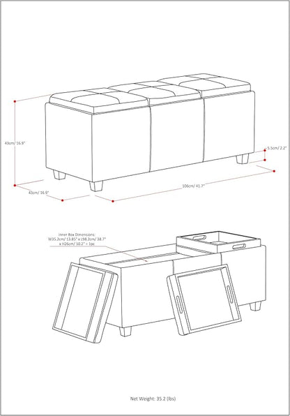 SIMPLIHOME Avalon 42 inch Wide Contemporary Rectangle Storage Ottoman in Red Vegan Faux Leather, Assembled, for the Living Room, Entryway and Family Room
