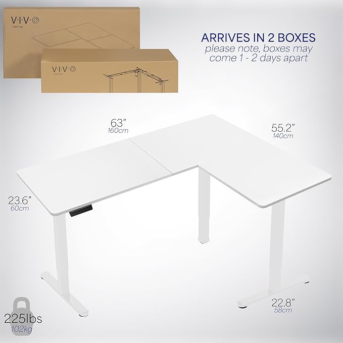 VIVO Corner Standing Desk, 63 x 55 inch Reversible L-Shaped Workstation, Electric Height Adjustment, Home, Office, and Reception Rooms, White Table Top White Frame, DESK-E3CTW