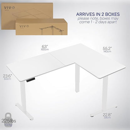 VIVO Corner Standing Desk, 63 x 55 inch Reversible L-Shaped Workstation, Electric Height Adjustment, Home, Office, and Reception Rooms, White Table Top White Frame, DESK-E3CTW