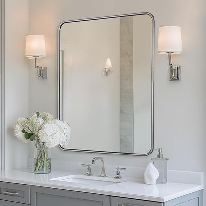 ANDY STAR Wall Mirror for Bathroom, 30x36 Inch Brushed Nickel Bathroom Rectangle Mirror, Modern Rectangular with Thick Tube Metal Frame for Vanity Over Sink, Horizontal/Vertical