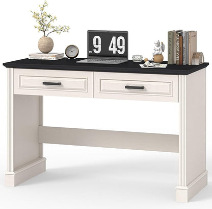 Farmhouse Executive Desk 48 Inch Computer Desk with 2 Drawers Simple Home Office Writing Desk Workstation for Bedroom Study Small Spaces, White and Black