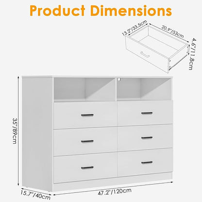Bigbiglife 6 Drawers Dresser for Bedroom with Open Storage Cubby, Double Wide Dresser Organizer for Bedroom, Living Room, Entryway, Hallway (White)