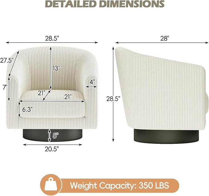 360° Swivel Accent Chairs Set of 2, Modern Bucket Chair, Corduroy Barrel Armchair, Comfy Boucle Chair, Single Sofa for Living Room Bedroom. Cream White