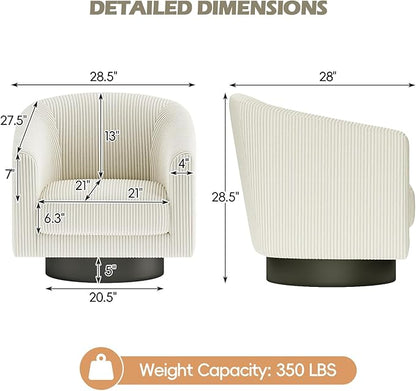360° Swivel Accent Chairs Set of 2, Modern Bucket Chair, Corduroy Barrel Armchair, Comfy Boucle Chair, Single Sofa for Living Room Bedroom. Cream White