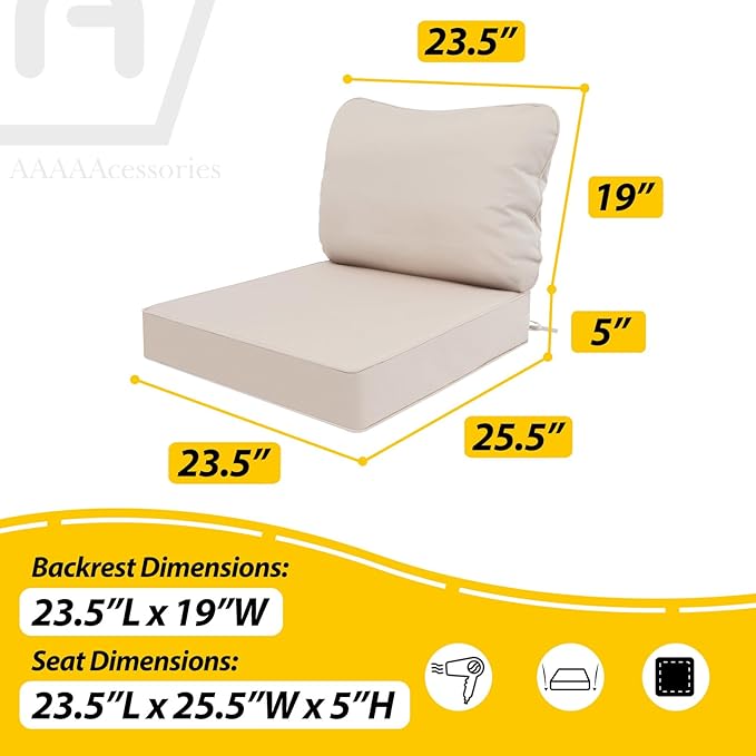 AAAAAcessories Outdoor Deep Seat Cushions, Waterproof, Fade-Resistant Patio Furniture Replacement Cushions, 23.5" x 25.5" x 5" + 23.5" x 19", Khaki Beige