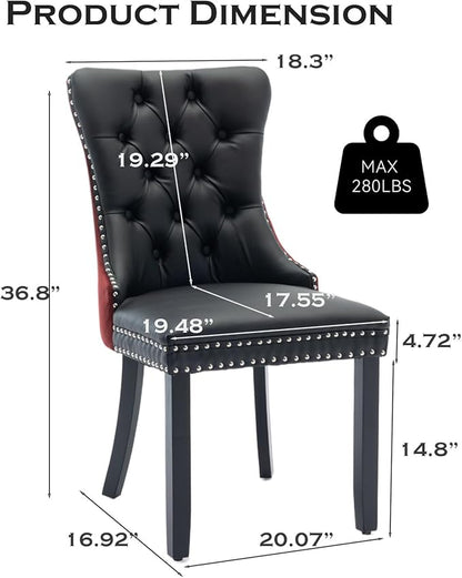 Leather Upholstered Dining Chairs Set of 2, Modern Style Kitchen Side Chairs with Nailhead Trim and Wood Leg, Metal Pulling Ring for Dining Room Living Room(Black&Wine Red)