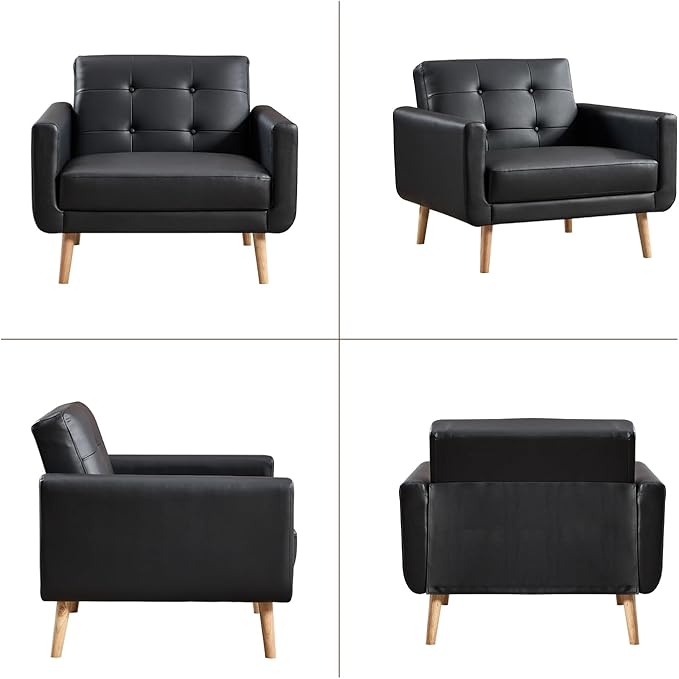 CANMOV 29" W Oversized Leather Accent Chair, Armchair Button Back, Mid Century Modern Accent Chairs for Living Room, Modern Upholstered Bed Room Chair Cozy Armchair with Wood Legs, Black