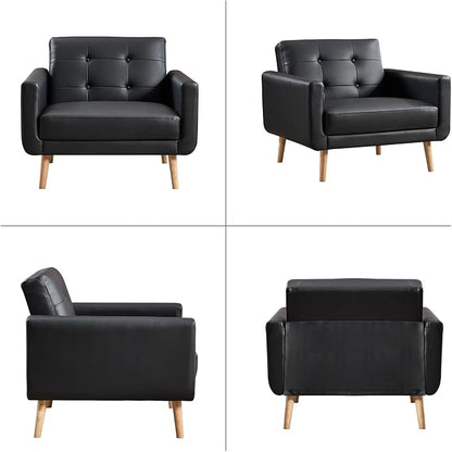 CANMOV 29" W Oversized Leather Accent Chair Set of 2, Armchair Button Back, Mid Century Modern Accent Chairs for Living Room, Modern Upholstered Bed Room Chair Cozy Armchair with Wood Legs, Black