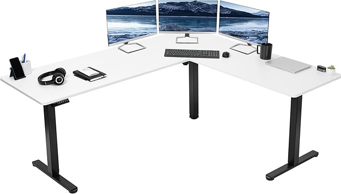 VIVO Corner Standing Desk, 75 x 63 inch Reversible L-Shaped Workstation, Electric Height Adjustment, Home, Office, and Reception Rooms, White Table Top Black Frame, DESK-E3CTBW-75