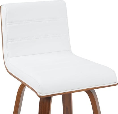 Vienna Modern Swivel Bar Height Stool with Snow White Faux Leather Seat and Walnut Finished Wood Frame Set of 4