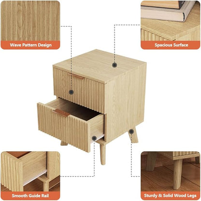 Fluted 2 Drawer Small Dresser for Bedroom, Mid Century Modern Nightstand with Drawers, Low Bedside Table with Drawers, End Table Short Storage, Living Room, Dorm -Natural