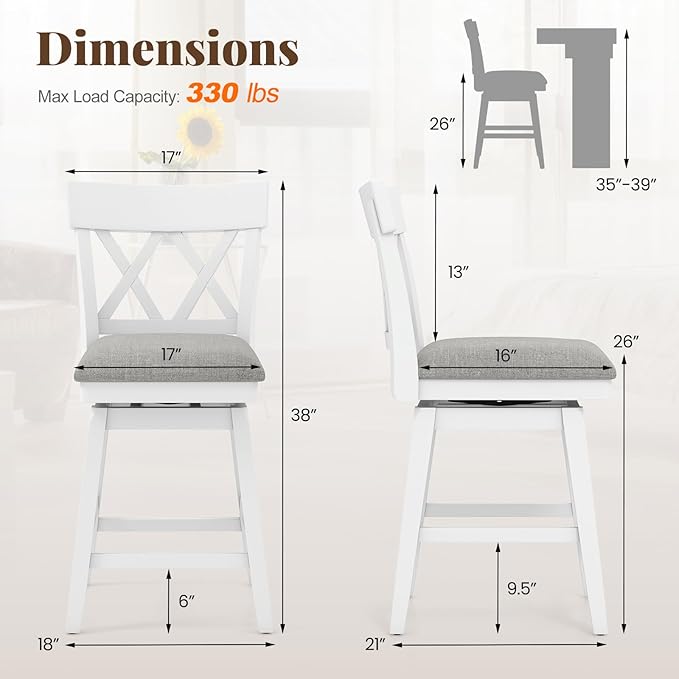 COSTWAY Bar Stool Set of 2 for Kitchen Island, 26" Counter Height Chair with Ergonomic Backrest, Foot Rest, Padded Seat & Solid Wood Structure, 360°Swivel Farmhouse Barstool with Back