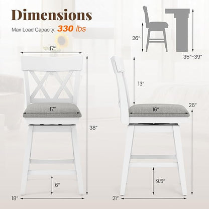 COSTWAY Bar Stool Set of 4 for Kitchen Island, 26" Counter Height Chair with Ergonomic Backrest, Foot Rest, Padded Seat & Solid Wood Structure, 360°Swivel Farmhouse Barstool with Back