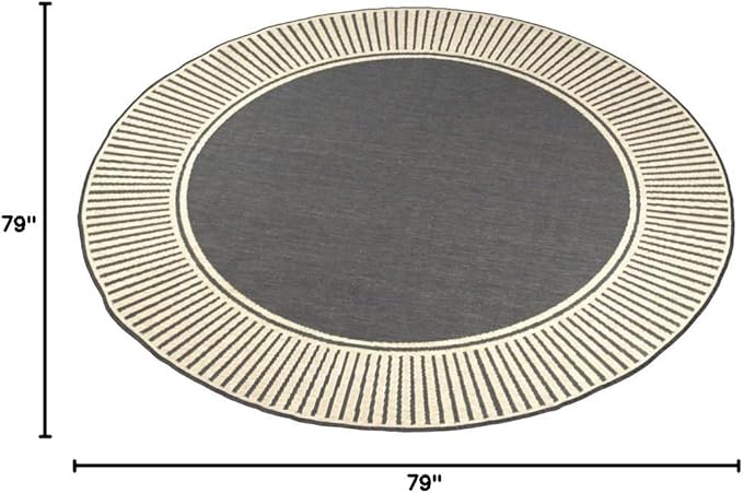 Nuloom Asha Dark Grey/Ivory, 6' 7" Round, Casual, Striped Border, Soft and Cozy, High Traffic, Stain Resistant, Easy Clean, Durable Area Rug for Indoor/Outdoor Patio, Deck, Porch, Garden, Courtyard