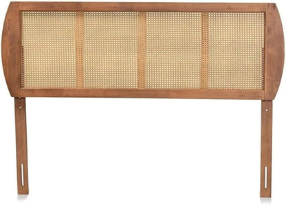 Mid-Century Modern Ash Walnut Finished Wood and Synthetic Rattan Victorian Vintage Size Headboard