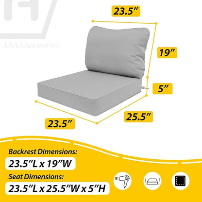 AAAAAcessories Outdoor Deep Seat Cushions, Waterproof, Fade-Resistant Patio Furniture Replacement Cushions, 23.5" x 25.5" x 5" + 23.5" x 19", Gray