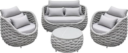 Woven Rope Patio Sofa Furniture Set of 4: Aluminum All Weather Outdoor Conversation Set, Couch Armchair and Loveseat Set with Table Cushions for Deck Porch Poolside Garden Backyard Hotel - Gray