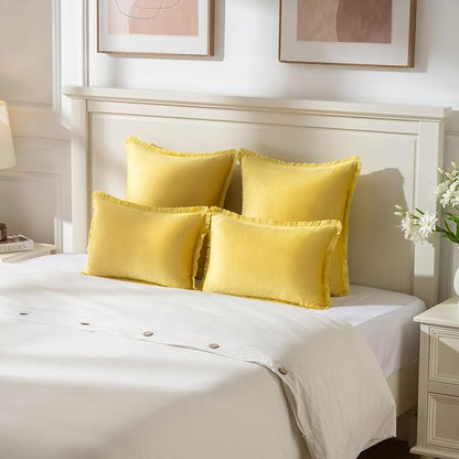 FUTEI Lemon Yellow Velvet Decorative Throw Pillow Covers 24x24 Set of 2,Soft Cozy Edge with Tassels European Cushion Case,Boho Modern Home Decor for Couch Bed Living Room