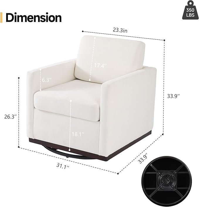 Pia Ricco Single Swivel Barrel Chair, Mid-Century Modern Accent Armchair with Plush Chenille Upholstery for Living Room & Cozy Reading Nook, Beige