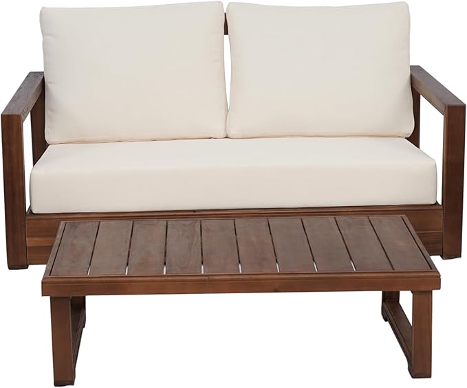 Christopher Knight Home Rammus 2 Pieces Outdoor Conversation Set, Acacia Wood Chat Set, Rectangular Coffee Table and Patio Loveseat Sofa, Slat Design Patio Furniture Set for Garden, Beige + Mocha