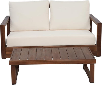 Christopher Knight Home Rammus 2 Pieces Outdoor Conversation Set, Acacia Wood Chat Set, Rectangular Coffee Table and Patio Loveseat Sofa, Slat Design Patio Furniture Set for Garden, Beige + Mocha