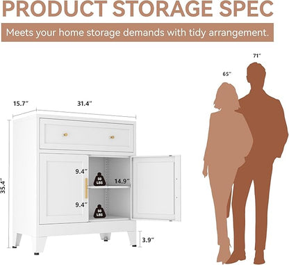 Metal Sideboard Cabinet, Small Pantry Sideboard Cabinets with 2 Doors and Adjustable Shelves, White Metal Buffet Cabinet for Kitchen Dining Room Living Room, Entryway, Bathroom,Office