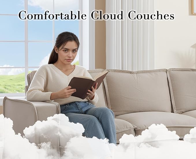 EALSON 93" Modular Sectional Sofa Comfy Cloud Couch with Ottoman Modern Convertible L Shape Couches with Wooden Legs Linen Deep Seat Couch 4-Seater Sofa for Living Room/Apartment, Oatmeal