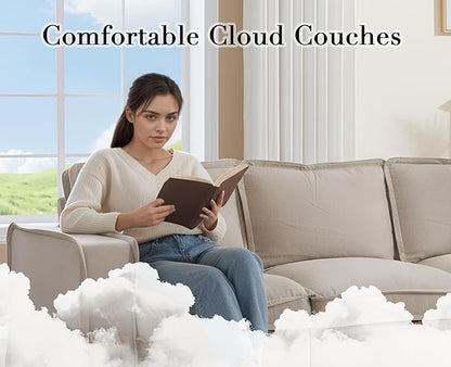 EALSON 93" Modular Sectional Sofa Comfy Cloud Couch with Ottoman Modern Convertible L Shape Couches with Wooden Legs Linen Deep Seat Couch 4-Seater Sofa for Living Room/Apartment, Oatmeal