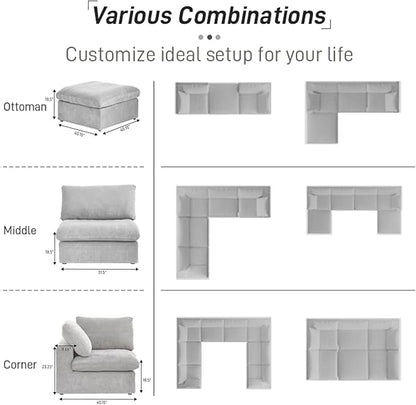 Cloud Couch Modular Sectional Sofa,160.6" Down Filled 5 Seater Convertible Sectional Sofas,V Shaped Couch for Living Room,Covers Washable&Replaceable-Gray