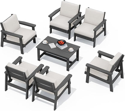 SERWALL HDPE Outdoor Furniture Set, 7 Piece All Weather Wood-Like Outdoor Sofa Sectional Couch, Grey Patio Furniture Set with Khaki Cushions