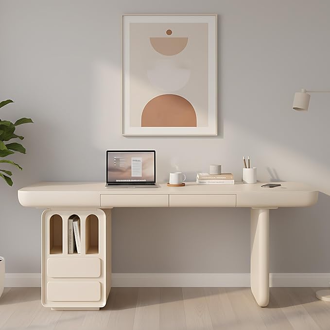 71 Inch White Writing Desk with Storage, Modern Computer Desk with 4 Drawers for Study, Wooden Executive Desk for Home Office