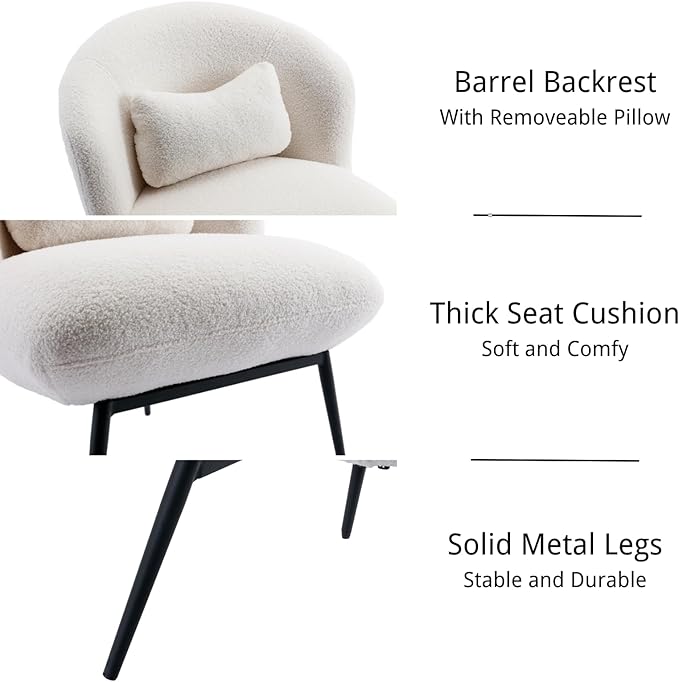HEAH-YO Modern Accent Chairs Set of 2, Upholstered Sherpa Side Chairs with Barrel Backrest and Metal Legs, Comfy Armless Chair for Living Room Bedroom, White
